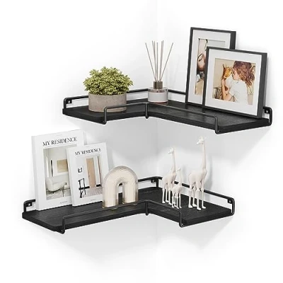 Afbeelding van Vasagle LLS831B22 zwevende planken, set van 2, L vormige hoekplanken voor muur, industriële stijl hoekplank, woonkamer, slaapkamer of keuken, zwart