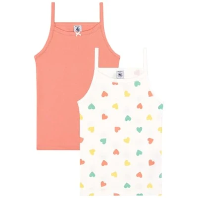 Afbeelding van Petit Bateau Set van 2 katoenen onderhemdjes met hartjesprint Meisjes Onderhemd Oranje;Wit;Blauw
