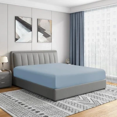 Afbeelding van Cathay Home Luxe rimpel en vervagingsbestendig dubbel geborsteld ultra zachte microfiber 14 inch standaard pocket enkel hoeslaken, blauwe mist, vol
