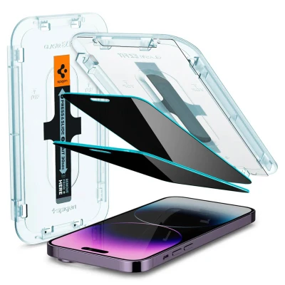 Afbeelding van Spigen Glas.tR EZ Fit compatibel met iPhone 14 Pro Max, 2 Stuks, sjabloon voor installatie, Privacy bescherming, Case friendly, 9H Gehard Glas