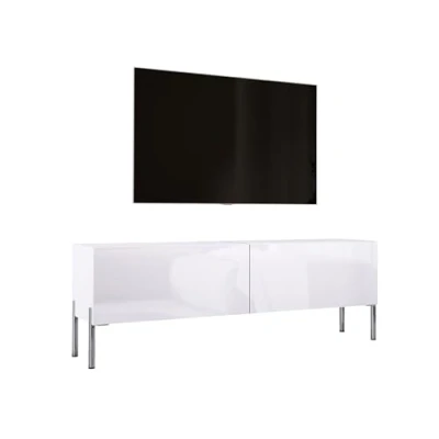 Afbeelding van 3E 3xE living.com TV kast in wit mat/wit hoogglans met poten chroom, A: B: 140 cm, H: 52 D: 32 cm