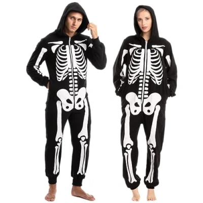Afbeelding van Spooktacular Creations Uniseks Skelet Onesie, Pluche Jumpsuit met Rits, Halloween, capuchon, pyjama voor volwassenen, nachtkleding, kostuum, Zwart, L