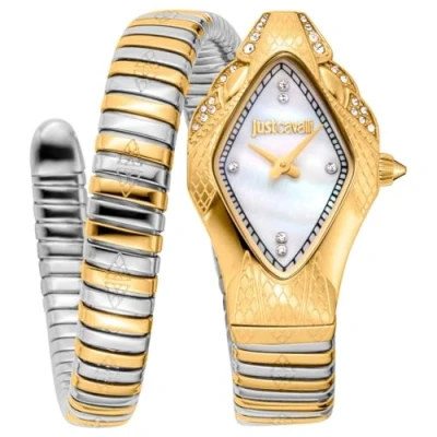 Afbeelding van JUST CAVALLI Vrouwen Horloge, gouden kleur Geval, Witte MOP Wijzerplaat, Two Tone Zilver &amp; Goud Metalen Armband, 2 Handen, 3 ATM, Tweekleurige zilveren en