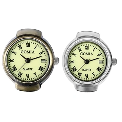Afbeelding van JewelryWe Mannen Vrouwen Vinger Horloge Retro Case Dial Verstelbare Elastische Band Quartz Ring Horloges, Romeinse cijfers 2 stuks