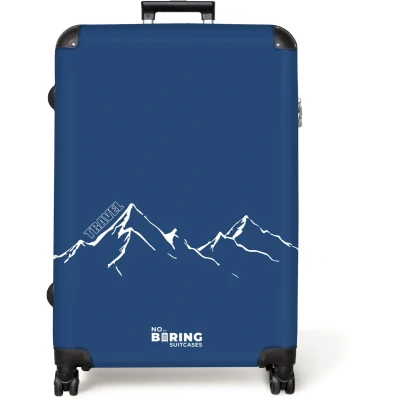 Afbeelding van NoBoringSuitcases.com® Koffer groot Reiskoffer lichtgewicht Blauwe achtergrond met witte bergillustratie Rolkoffer 4 wielen Grote trolley XL 98 liter bagage