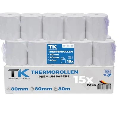 Afbeelding van 15 stuks premium thermorollen 80 mm x 12 thermisch papier bonrollen (80 12) gecertificeerd voor kassabonprinters zoals IBM, Metapace en nog veel meer.