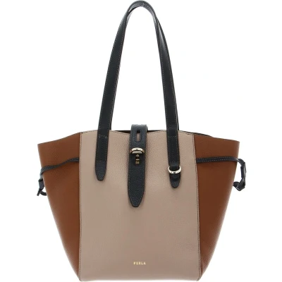 Afbeelding van FURLA Leren Schoudertas Shopper Net Tote Bag Greige + Cognac h Nero Bruine