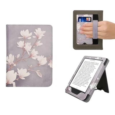 Afbeelding van kwmobile e reader hoesje compatibel met Kobo Clara BW/Colour Ereader case van kunstleer Magnolia in taupe/wit/blauwgrijs