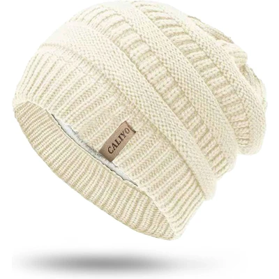 Afbeelding van CALIYO Beanie Muts Wintermuts Heren &amp; Dames Warme Mutsen Gebreide Skimutsen Gevoerd Wol Wit