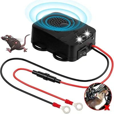 Afbeelding van LiangMai Marterverschrikker, auto, ultrasone frequentie 12 kHz 25 kHz, aansluiting op V autobatterij, marterbescherming, dierenverjager, dierenverschrikker, met 3 leds flitslicht