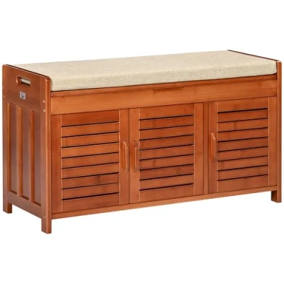 Afbeelding van HOMCOM Schoenenbank, schoenenkast, opbergbank van bamboe, met 3 kasten, zitkussen en verborgen vak, voor hal, slaapkamer, 89,6 x 32 49 cm, bruin