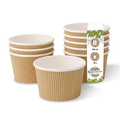 Afbeelding van GREENBOX Wegwerp biologische soepbeker, to go, voor soepen, wegwerpservies, ribbelbeker, kraftkartonnen beker met PLA binnencoating, wit/bruin, ongebleekt, 25 wegwerpbekers, composteerbaar,