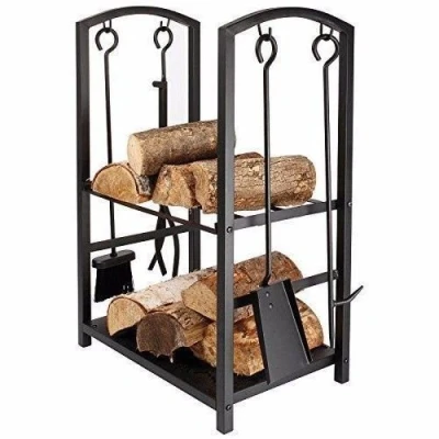 Afbeelding van Homezone® Brandhoutrek voor open haard, zware belastbare houten stapelhouder terrasplanken, metalen standaard, stapelplanken buiten, met gereedschapshouder