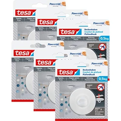 Afbeelding van Tesa 77781 Plafondhaak, voor op behang en pleisterwerk, ideaal de bevestiging van decoratieve objecten tot 0,5 kg, kan zonder sporen worden verwijderd, wit (verpakking 6 stuks)