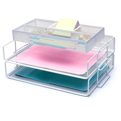 Afbeelding van EXERZ Laag van 2 bedrade mesh papiersorteerder plus een accessoirelade/bureauorganisator/afneembare bestandshouder, met extra verdeler/memohouder bovenop kantoor, school (wit)