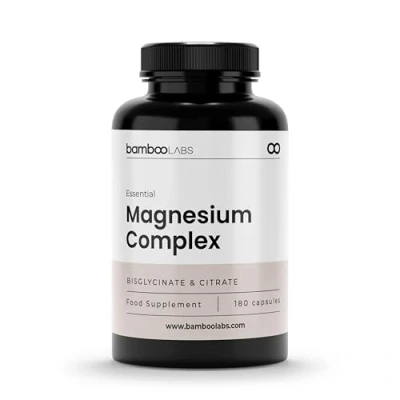 Afbeelding van Bamboo Labs Magnesiumcitraat capsules + magnesiumbisglycinaat 750 mg (per dag) vitamine B6 en bamboe extract, 180 capsules, essentieel voor gewrichten geheugen