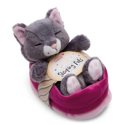 Afbeelding van NICI knuffel kat grijs 12cm, slapend in mandje Pluche om te knuffelen en van houden Duurzaam geproduceerd gerecycled materiaal 49746