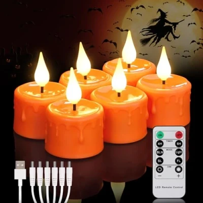 Afbeelding van FREEPOWER 6st Oranje LED Theelichtjes Oplaadbaar met Afstandsbediening Timer Flikkerend, Warm Wit Licht, Elektrische Oplaadbare Kaarsen USB Kabel, Halloween Familie Decoratie, Ø4 x 5.5cm