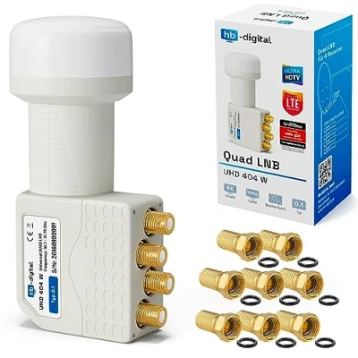 Afbeelding van HB DIGITAL QUAD LNB 4 voudige DVB S S2 FULL HD TV 3D 4K UHD SAT Deelnemers Met Bescherming Tegen Het Weer + 8x F Pluggen Verguld