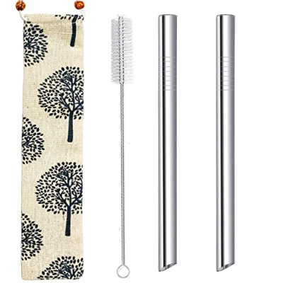 Afbeelding van Boba Rietjes van roestvrij staal, extra breed, 12 mm, herbruikbare metalen drinkrietjes voor Bubble Tea Smoothie Milkshake Jumbo met draagtas schonere borstel, scherpe schuine punt ontwerp, zilver, 2