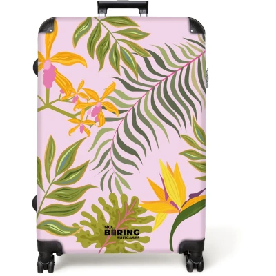 Afbeelding van NoBoringSuitcases.com® Koffer groot Reiskoffer lichtgewicht Roze met kleurrijke bladeren Rolkoffer 4 wielen Grote trolley XL 98 liter bagage