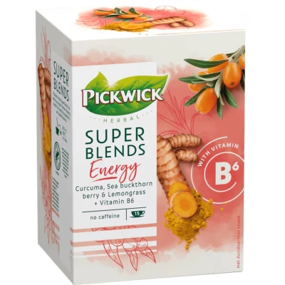 Afbeelding van Pickwick Super Blends Energy Kruidenthee met Kurkuma Duindoornbes en Citroengras Bevat itamine B6 (60 Theezakjes) Cafeïnevrij 4 x 15 Zakjes