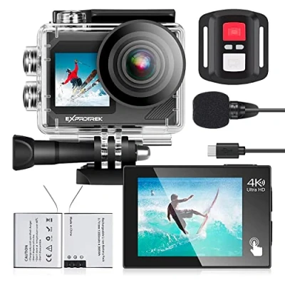 Afbeelding van Exprotrek E A F Action Cam, 4K 30fps Ultra HD, 40m 100ft waterdichte onderwatercamera, wifi, 170 ultragroothoek, afstandsbediening, 2 accu&#039;s en helmaccessoire kit