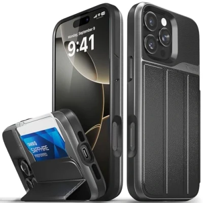 Afbeelding van VENA vCommute voor iPhone 16 Pro Max Wallet Case, [Militaire Grade Drop Protection] Flip Lederen Cover Slot Kaarthouder met Standaard Zwart