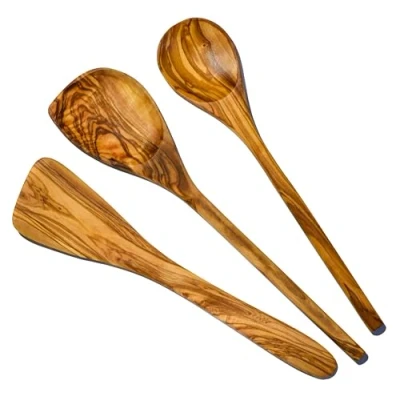 Afbeelding van Cleminson® Handgemaakte olijfhouten gebruiksvoorwerpen 3 delige set houten spatel, lepel en sauslepel met hoek (3 set)