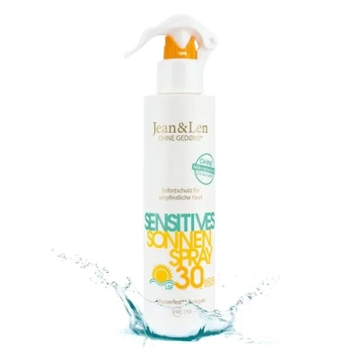 Afbeelding van Jean &amp; Len Sensitiv Sunspray 30 SPF waterproof, voor gevoelige huid, zonder siliconen, nanodeeltjes, octocrylene, microplastics, minerale olie, geur en kleurstoffen, veganistisch, reisformaat 250 ml