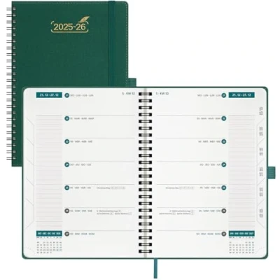 Afbeelding van BEZEND 18 maanden Kalender 2025 2026 Afsprakenplanner A5 1 Week 2 Pagina&#039;s met Lolommen, Weekplanner van Juli tot December 2026, Boek Spiraalbinding Pu leren Softcover, Bosgroen