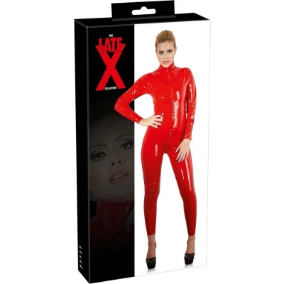 Afbeelding van LateX Erotische Bondage Catsuit met Rits Sluiting bij Borsten en Kruis Spanning Verzekerd Maat 2XL Rood