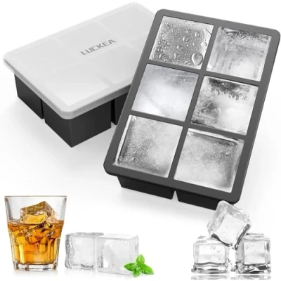 Afbeelding van LUCKEA ijsblokjesvorm van silicone, groot, 6 vaks, 2 delige set, XXL met deksel, BPA vrij, voor gekoelde dranken, whisky en cocktails