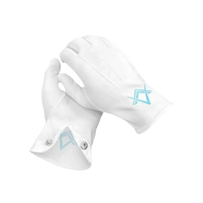 Afbeelding van Masonic Witte handschoenen van 100% katoen met blauw maçonniek patroon maat M wit S
