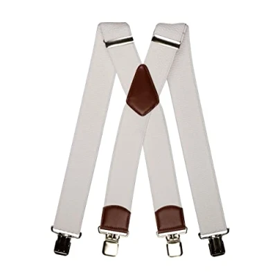 Afbeelding van Olata Extra Brede X Vorm Bretels met Bruin Leer en Zilveren Clips 5 cm. Wit