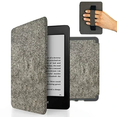Afbeelding van MyGadget Felt Sleeve voor Amazon Kindle Paperwhite 10e Generatie (2018 Model PQ94WIF 6 Inch) met Hand Strap &amp; Auto Sleep/Wake Functie Flip Case in Light Grey