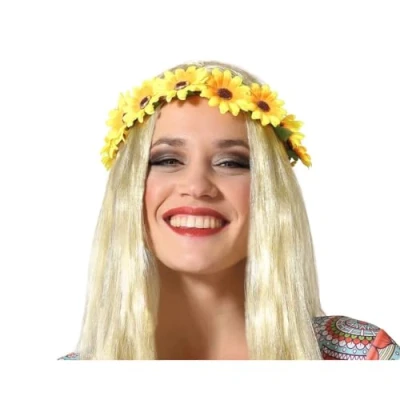 Afbeelding van Atosa Verkleed haarband met bloemen geel meisjes/dames Hippie/Flower Power Verkleedhaardecoratie