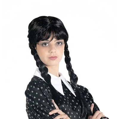 Afbeelding van Ciao Wednesday Addams pruik, officiële woensdag met vlechten en pony