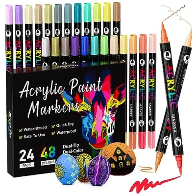 Afbeelding van Patamiyar acrylstiften voor stenen, waterbestendig, 48 kleuren/24 stiften, dual tip, hout, glas, canvas, papier, keramiek, doe het zelf fotoalbums