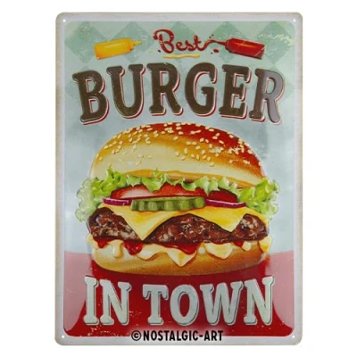 Afbeelding van Metalen Wandbord Best Burger in Town Hamburger 30 x 40 cm Reliëf