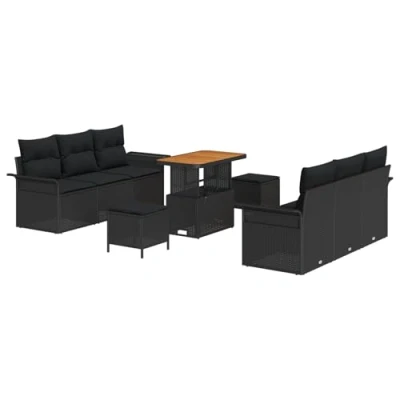 Afbeelding van vidaXL 9 delige Tuin Sofa Set met Kussens Zwart Poly Rattan Acacia