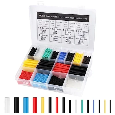 Afbeelding van JOPHEK Krimpkousenset, 580 stuks, krimpkousen, 2:1 verhouding, assortiment, elektrische draad, kabelwrap isolatie, tube kit met doos, 6 kleuren, 11 maten