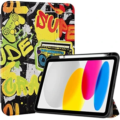 Afbeelding van ProCase voor iPad 10e generatie hoesje met potloodhouder 2022 10,9 inch, transparante achterkant 10 hoesje, hoes A2696 A2757 A2777 Graffiti
