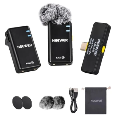 Afbeelding van NEEWER Draadloze microfoonset, USB C Telefoon Lav Mic voor iPhone 16 15 Pro Max iPad Android, Ruisonderdrukking Revers Lavalier Microfoon Systeem, Video opname Live Stream Podcast, KM15