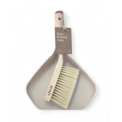 Afbeelding van LIVLIG Veegschep, handveger en schep van 100% gerecycled materiaal, bezem veegschep set met berkenhouten steel, made in Europe, kleur: beige