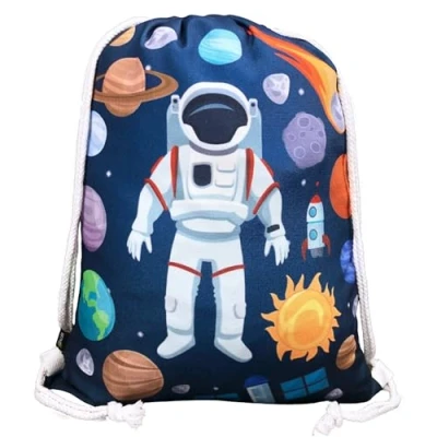 Afbeelding van HECKBO ® Kids Gym Bag met Astronaut Ruimte Motieven Unisex Kleuterschool, Crèche, Reizen, Sport geschikt als Gymsack, Rugzak, Game Bag, Sporttas, Schoenenzak voor meisjes en jongens