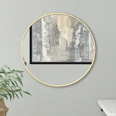 Afbeelding van Americanflat 50 cm aluminium ingelijste gouden ronde spiegel voor muur cirkel slaapkamer, hal en woonkamer decor badkamer wandspiegel met opknoping hardware inbegrepen