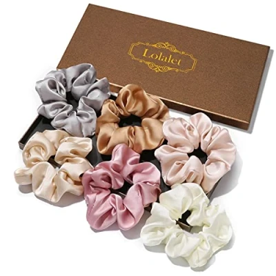 Afbeelding van Lolalet Zijden haarscrunchies voor dames en meisjes, satijnen haarbandjes die kroezen voorkomen, zachte elastieken paardenstaart, dik haar, krullend lang fijn 6 stuks