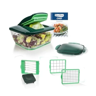 Afbeelding van Genius Nicer Dicer Chef 9 delig + tomatengroentesnijder voor de dagelijkse bewuste en gezonde voeding allessnijder, fruitsnijder, uiensnijder, hakmolen, kruidenschaaf, groen