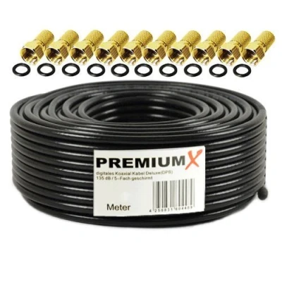 Afbeelding van PremiumX Deluxe PRO coaxkabel, zwart, 135 dB, 5 voudig afgeschermd, puur koper, SAT antennekabel met 10 x F stekker afdichtring